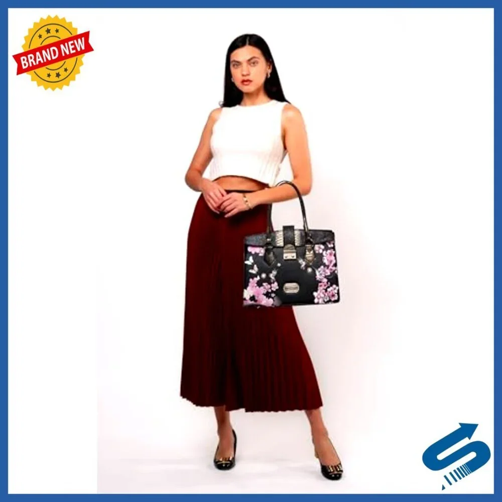 Vegan Leather Satchel with Adjustable Strap, Floral Crystal Accents